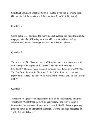 Construct a balance sheet for Sophie’s Sofas given the following data.
(Be sure to list the assets and liabilities in order of their liquidity.)
Question 2
Using Table 3.7, calculate the marginal and average tax rates for a single
taxpayer with the following incomes: (Do not round intermediate
calculations. Round "Average tax rate" to 2 decimal places.)
Question 3
The year- end 2010 balance sheet of Brandex Inc. listed common stock
and other paid-in capital at $2,200,000 and retained earnings at
$4,500,000. The next year, retained earnings were listed at $4,800,000.
The firm’s net income in 2011 was $1,010,000. There were no stock
repurchases during the year. What were the dividends paid by the firm in
2011?
Question 4
You have set up your tax preparation firm as an incorporated business.
You took $75,500 from the firm as your salary. The firm’s taxable
income for the year (net of your salary) was $19,000. Assume you pay
personal taxes as an unmarried taxpayer. Use the tax rates presented in
Table 3-5 and Table 3-7.
 