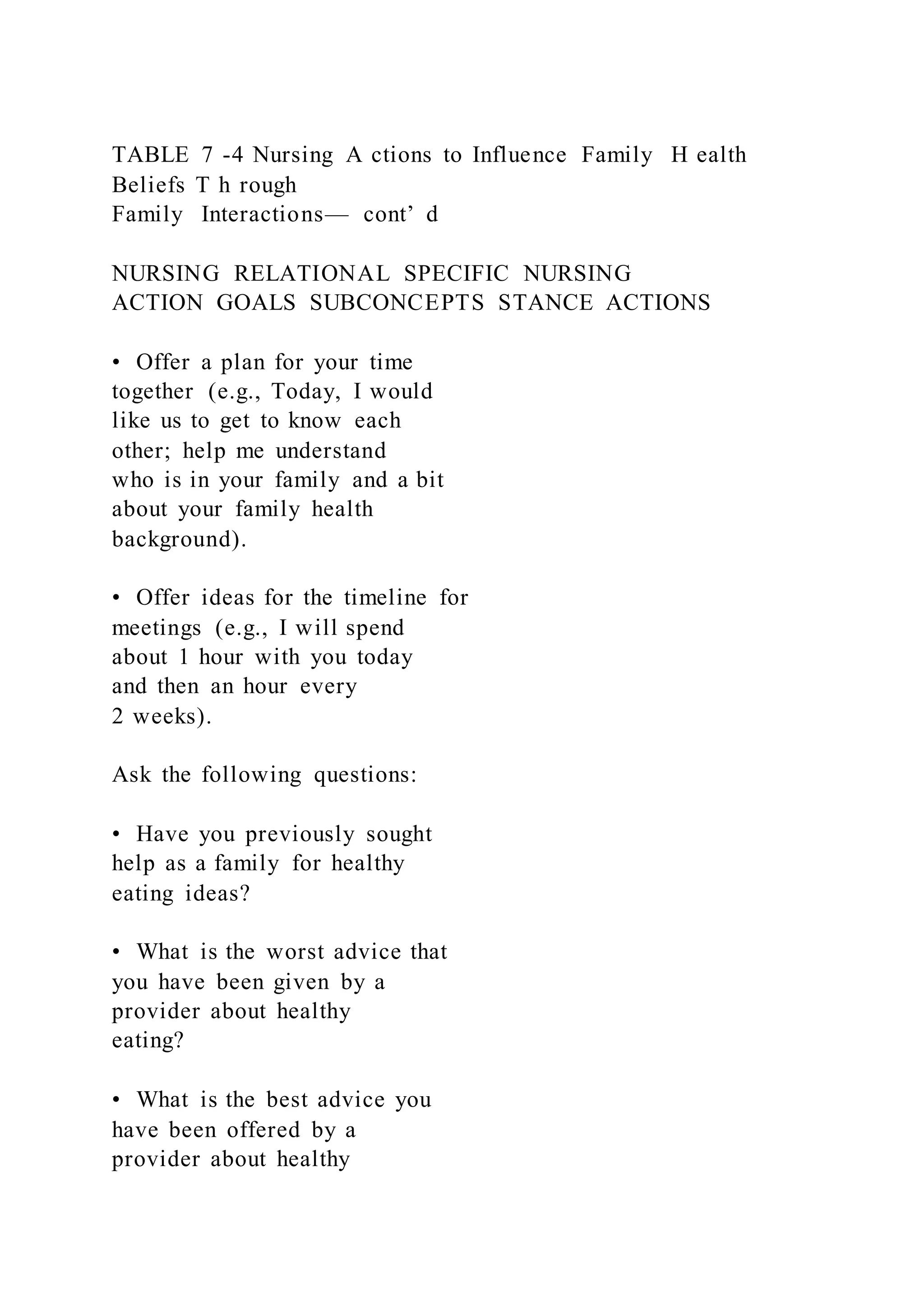 TABLE 7 -4 Nursing A ctions to Influence Family H ealth
Beliefs T h rough
Family Interactions— cont’ d
NURSING RELATIONAL SPECIFIC NURSING
ACTION GOALS SUBCONCEPTS STANCE ACTIONS
• Offer a plan for your time
together (e.g., Today, I would
like us to get to know each
other; help me understand
who is in your family and a bit
about your family health
background).
• Offer ideas for the timeline for
meetings (e.g., I will spend
about 1 hour with you today
and then an hour every
2 weeks).
Ask the following questions:
• Have you previously sought
help as a family for healthy
eating ideas?
• What is the worst advice that
you have been given by a
provider about healthy
eating?
• What is the best advice you
have been offered by a
provider about healthy
 