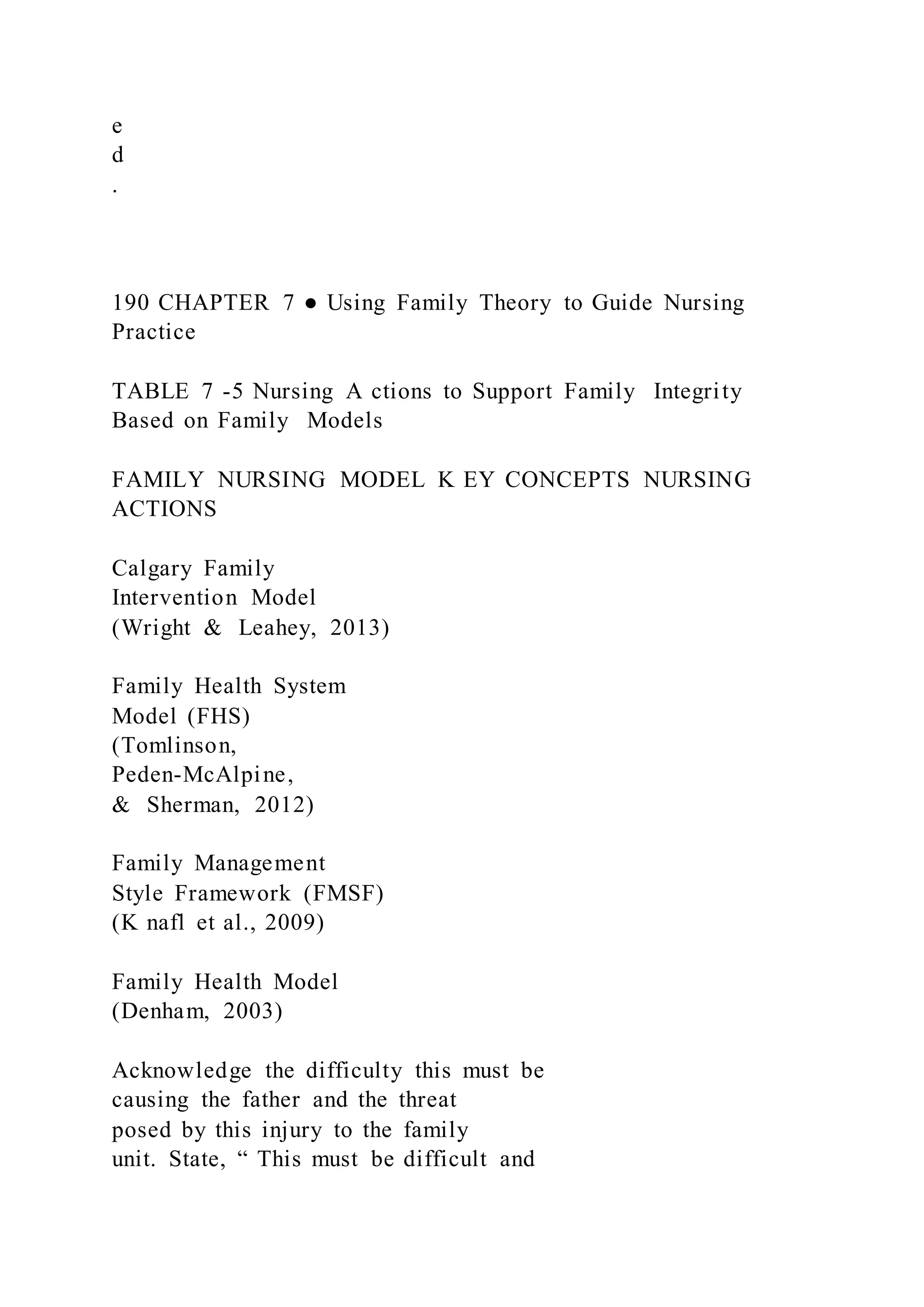 e
d
.
190 CHAPTER 7 ● Using Family Theory to Guide Nursing
Practice
TABLE 7 -5 Nursing A ctions to Support Family Integrity
Based on Family Models
FAMILY NURSING MODEL K EY CONCEPTS NURSING
ACTIONS
Calgary Family
Intervention Model
(Wright & Leahey, 2013)
Family Health System
Model (FHS)
(Tomlinson,
Peden-McAlpine,
& Sherman, 2012)
Family Management
Style Framework (FMSF)
(K nafl et al., 2009)
Family Health Model
(Denham, 2003)
Acknowledge the difficulty this must be
causing the father and the threat
posed by this injury to the family
unit. State, “ This must be difficult and
 