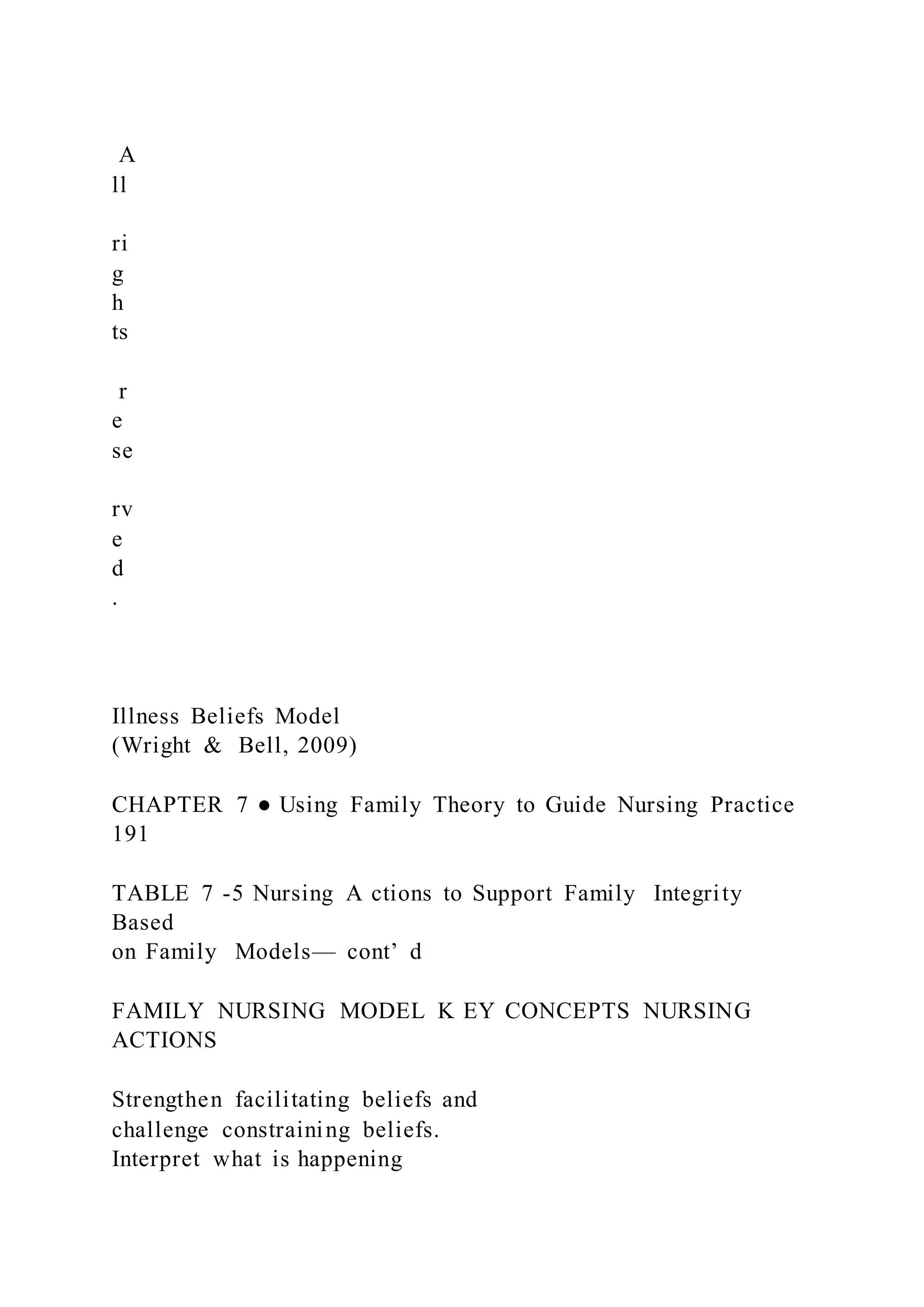 A
ll
ri
g
h
ts
r
e
se
rv
e
d
.
Illness Beliefs Model
(Wright & Bell, 2009)
CHAPTER 7 ● Using Family Theory to Guide Nursing Practice
191
TABLE 7 -5 Nursing A ctions to Support Family Integrity
Based
on Family Models— cont’ d
FAMILY NURSING MODEL K EY CONCEPTS NURSING
ACTIONS
Strengthen facilitating beliefs and
challenge constraining beliefs.
Interpret what is happening
 