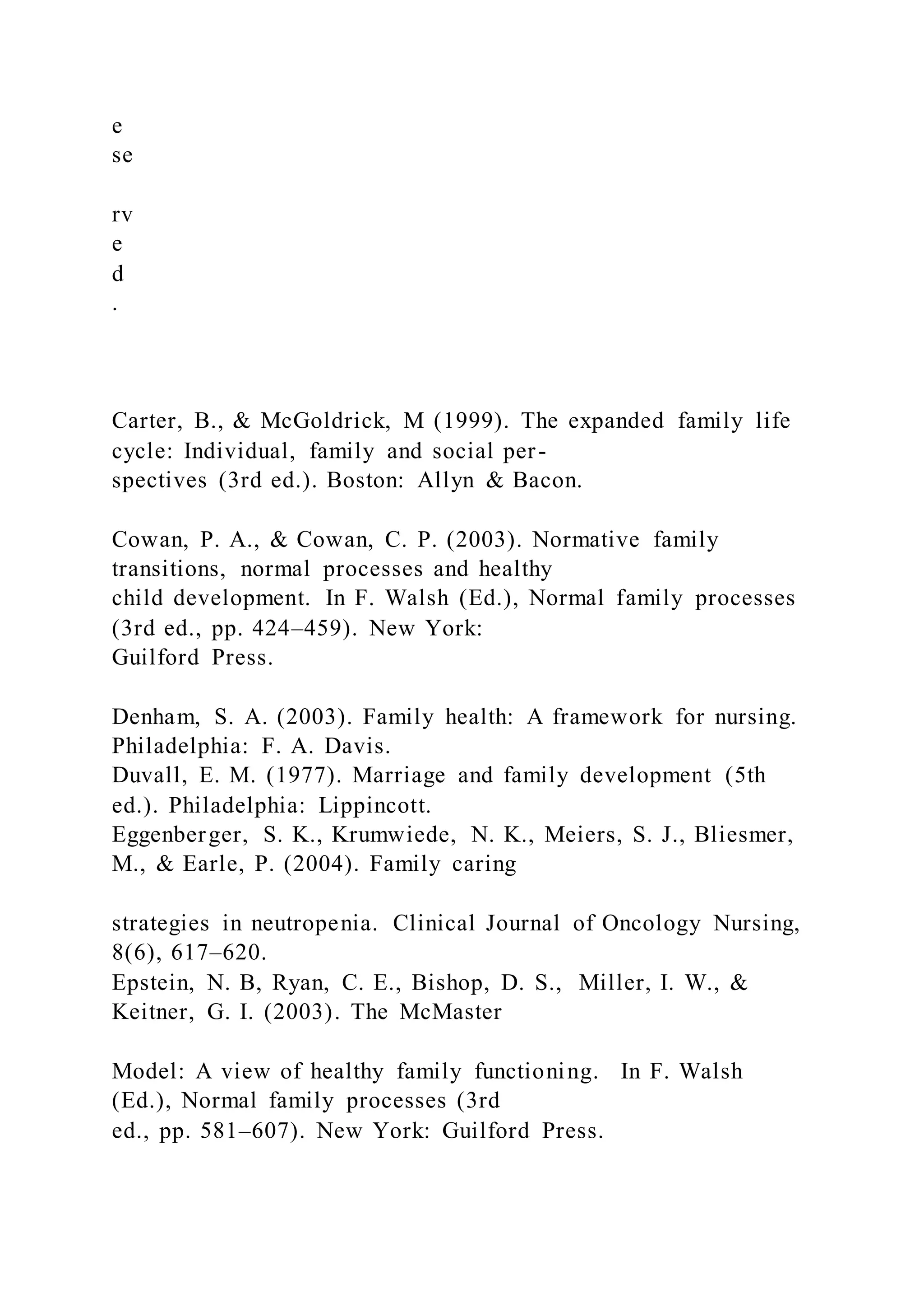 e
se
rv
e
d
.
Carter, B., & McGoldrick, M (1999). The expanded family life
cycle: Individual, family and social per-
spectives (3rd ed.). Boston: Allyn & Bacon.
Cowan, P. A., & Cowan, C. P. (2003). Normative family
transitions, normal processes and healthy
child development. In F. Walsh (Ed.), Normal family processes
(3rd ed., pp. 424–459). New York:
Guilford Press.
Denham, S. A. (2003). Family health: A framework for nursing.
Philadelphia: F. A. Davis.
Duvall, E. M. (1977). Marriage and family development (5th
ed.). Philadelphia: Lippincott.
Eggenberger, S. K., Krumwiede, N. K., Meiers, S. J., Bliesmer,
M., & Earle, P. (2004). Family caring
strategies in neutropenia. Clinical Journal of Oncology Nursing,
8(6), 617–620.
Epstein, N. B, Ryan, C. E., Bishop, D. S., Miller, I. W., &
Keitner, G. I. (2003). The McMaster
Model: A view of healthy family functioning. In F. Walsh
(Ed.), Normal family processes (3rd
ed., pp. 581–607). New York: Guilford Press.
 