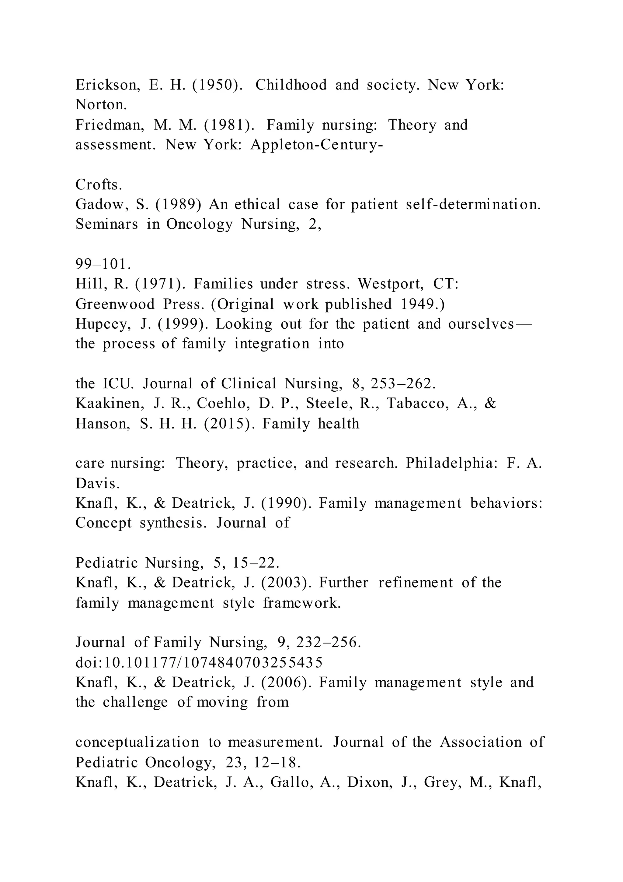 Erickson, E. H. (1950). Childhood and society. New York:
Norton.
Friedman, M. M. (1981). Family nursing: Theory and
assessment. New York: Appleton-Century-
Crofts.
Gadow, S. (1989) An ethical case for patient self-determination.
Seminars in Oncology Nursing, 2,
99–101.
Hill, R. (1971). Families under stress. Westport, CT:
Greenwood Press. (Original work published 1949.)
Hupcey, J. (1999). Looking out for the patient and ourselves—
the process of family integration into
the ICU. Journal of Clinical Nursing, 8, 253–262.
Kaakinen, J. R., Coehlo, D. P., Steele, R., Tabacco, A., &
Hanson, S. H. H. (2015). Family health
care nursing: Theory, practice, and research. Philadelphia: F. A.
Davis.
Knafl, K., & Deatrick, J. (1990). Family management behaviors:
Concept synthesis. Journal of
Pediatric Nursing, 5, 15–22.
Knafl, K., & Deatrick, J. (2003). Further refinement of the
family management style framework.
Journal of Family Nursing, 9, 232–256.
doi:10.101177/1074840703255435
Knafl, K., & Deatrick, J. (2006). Family management style and
the challenge of moving from
conceptualization to measurement. Journal of the Association of
Pediatric Oncology, 23, 12–18.
Knafl, K., Deatrick, J. A., Gallo, A., Dixon, J., Grey, M., Knafl,
 