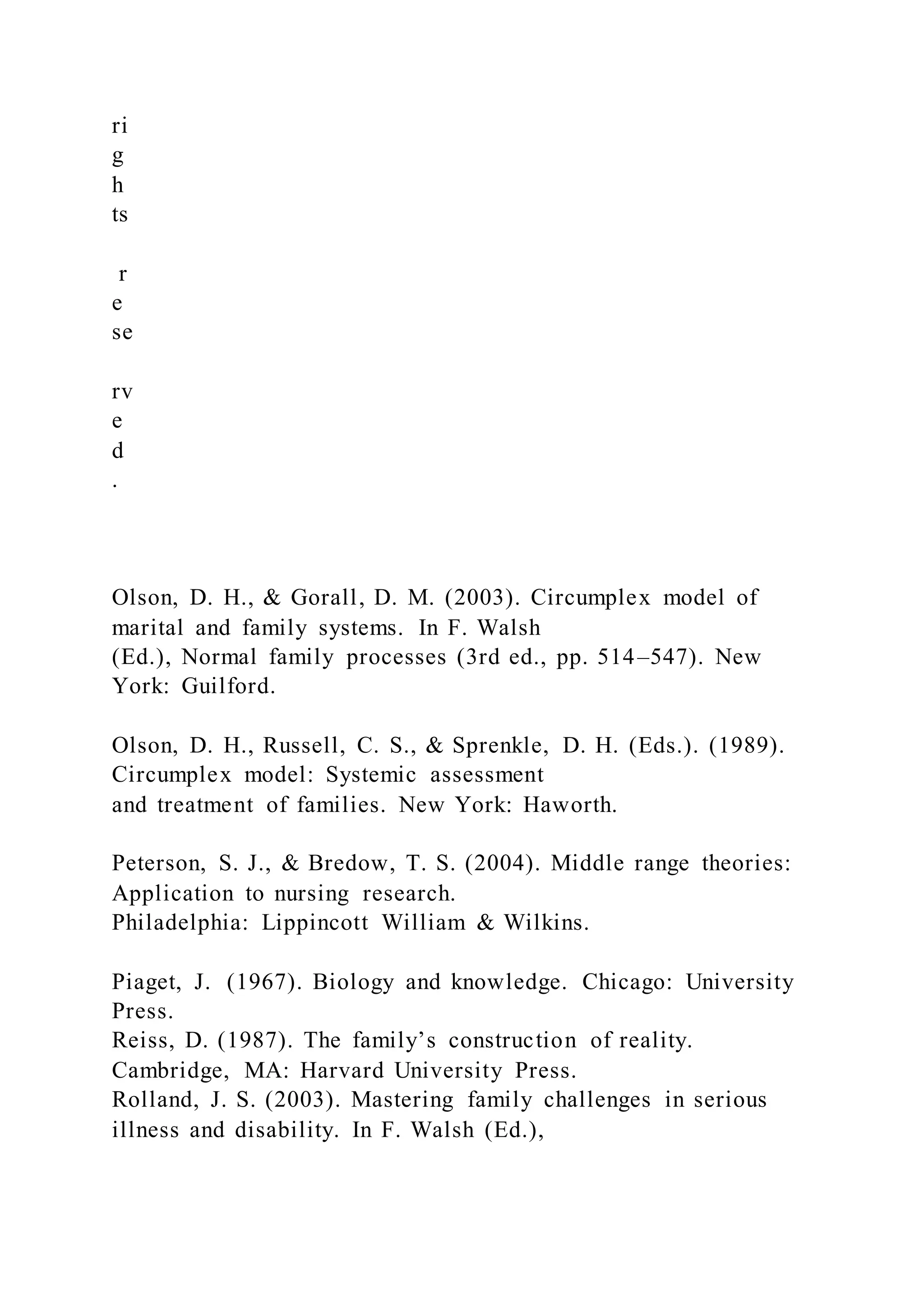 ri
g
h
ts
r
e
se
rv
e
d
.
Olson, D. H., & Gorall, D. M. (2003). Circumplex model of
marital and family systems. In F. Walsh
(Ed.), Normal family processes (3rd ed., pp. 514–547). New
York: Guilford.
Olson, D. H., Russell, C. S., & Sprenkle, D. H. (Eds.). (1989).
Circumplex model: Systemic assessment
and treatment of families. New York: Haworth.
Peterson, S. J., & Bredow, T. S. (2004). Middle range theories:
Application to nursing research.
Philadelphia: Lippincott William & Wilkins.
Piaget, J. (1967). Biology and knowledge. Chicago: University
Press.
Reiss, D. (1987). The family’s construction of reality.
Cambridge, MA: Harvard University Press.
Rolland, J. S. (2003). Mastering family challenges in serious
illness and disability. In F. Walsh (Ed.),
 
