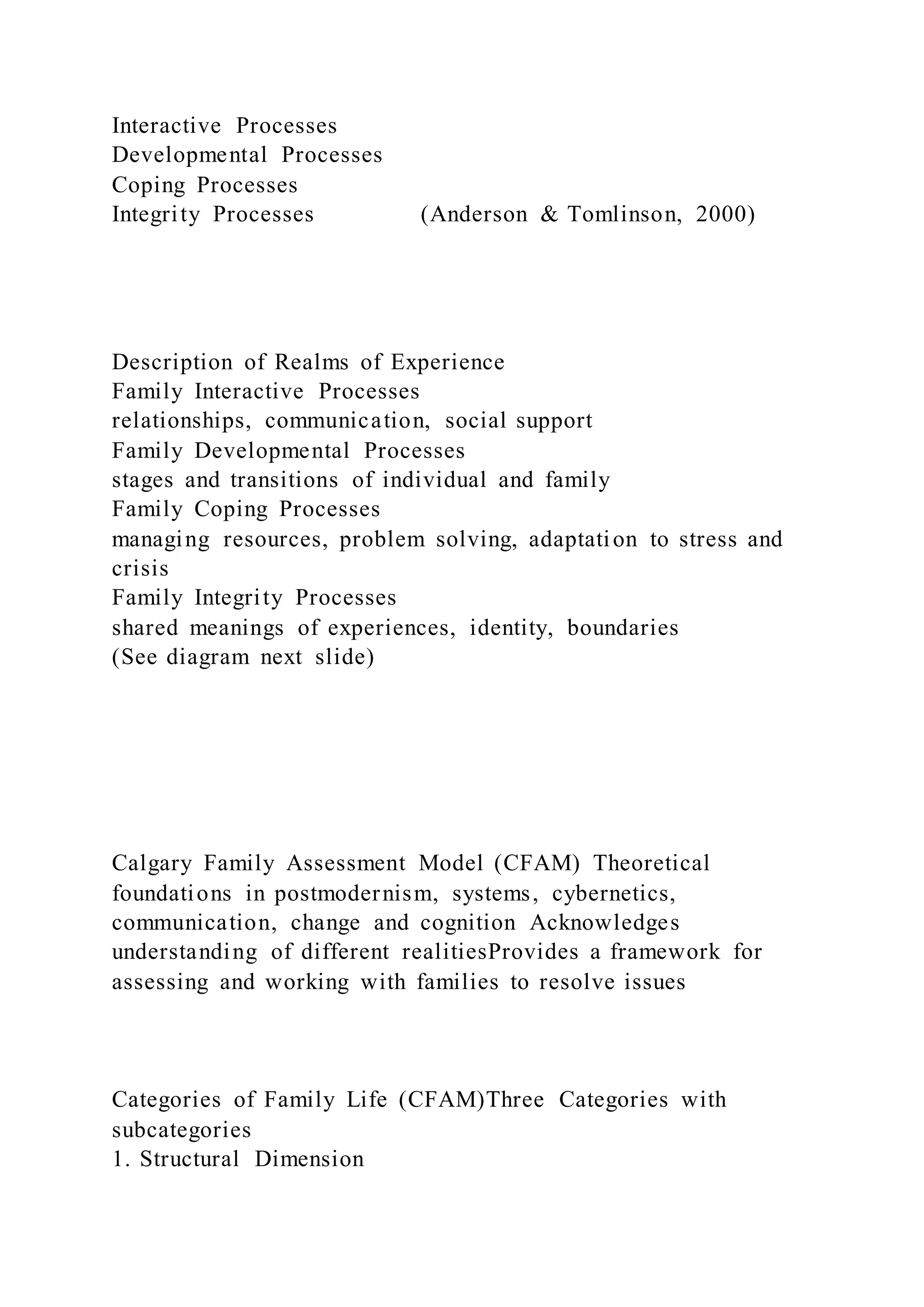 Interactive Processes
Developmental Processes
Coping Processes
Integrity Processes (Anderson & Tomlinson, 2000)
Description of Realms of Experience
Family Interactive Processes
relationships, communication, social support
Family Developmental Processes
stages and transitions of individual and family
Family Coping Processes
managing resources, problem solving, adaptation to stress and
crisis
Family Integrity Processes
shared meanings of experiences, identity, boundaries
(See diagram next slide)
Calgary Family Assessment Model (CFAM) Theoretical
foundations in postmodernism, systems, cybernetics,
communication, change and cognition Acknowledges
understanding of different realitiesProvides a framework for
assessing and working with families to resolve issues
Categories of Family Life (CFAM)Three Categories with
subcategories
1. Structural Dimension
 