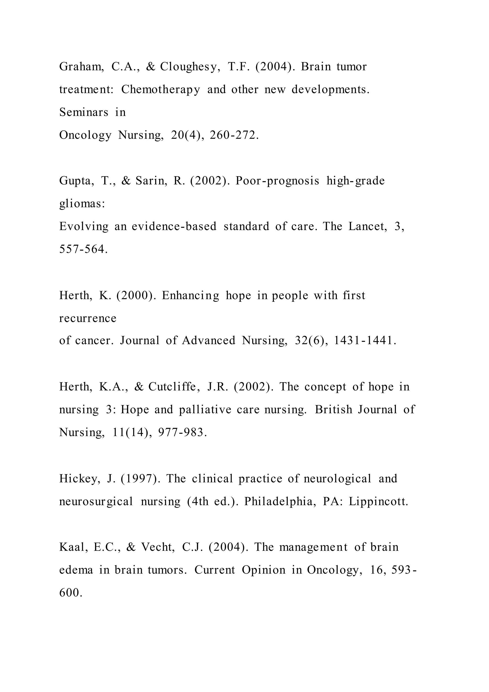 Graham, C.A., & Cloughesy, T.F. (2004). Brain tumor
treatment: Chemotherapy and other new developments.
Seminars in
Oncology Nursing, 20(4), 260-272.
Gupta, T., & Sarin, R. (2002). Poor-prognosis high-grade
gliomas:
Evolving an evidence-based standard of care. The Lancet, 3,
557-564.
Herth, K. (2000). Enhancing hope in people with first
recurrence
of cancer. Journal of Advanced Nursing, 32(6), 1431-1441.
Herth, K.A., & Cutcliffe, J.R. (2002). The concept of hope in
nursing 3: Hope and palliative care nursing. British Journal of
Nursing, 11(14), 977-983.
Hickey, J. (1997). The clinical practice of neurological and
neurosurgical nursing (4th ed.). Philadelphia, PA: Lippincott.
Kaal, E.C., & Vecht, C.J. (2004). The management of brain
edema in brain tumors. Current Opinion in Oncology, 16, 593-
600.
 