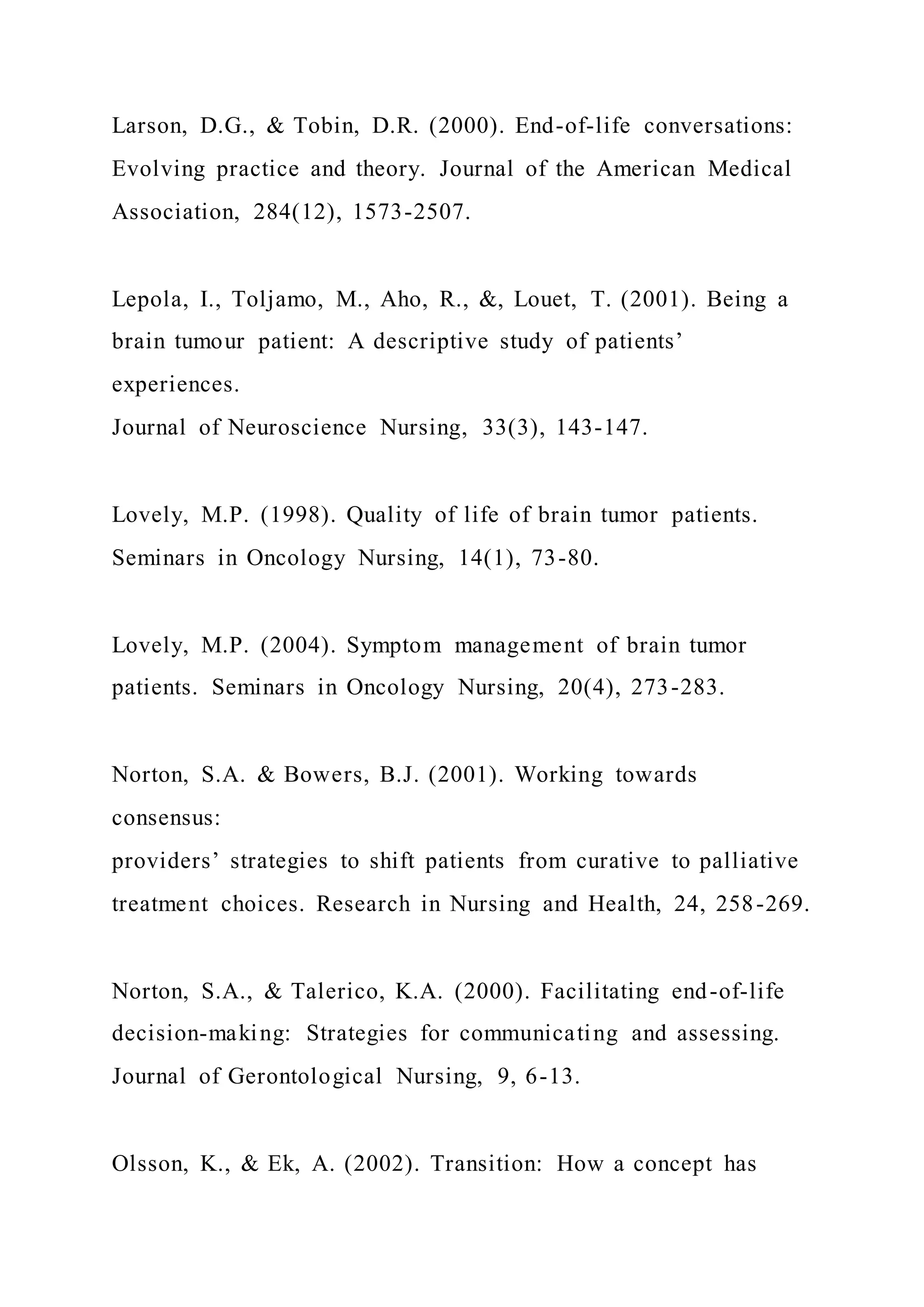 Larson, D.G., & Tobin, D.R. (2000). End-of-life conversations:
Evolving practice and theory. Journal of the American Medical
Association, 284(12), 1573-2507.
Lepola, I., Toljamo, M., Aho, R., &, Louet, T. (2001). Being a
brain tumour patient: A descriptive study of patients’
experiences.
Journal of Neuroscience Nursing, 33(3), 143-147.
Lovely, M.P. (1998). Quality of life of brain tumor patients.
Seminars in Oncology Nursing, 14(1), 73-80.
Lovely, M.P. (2004). Symptom management of brain tumor
patients. Seminars in Oncology Nursing, 20(4), 273-283.
Norton, S.A. & Bowers, B.J. (2001). Working towards
consensus:
providers’ strategies to shift patients from curative to palliative
treatment choices. Research in Nursing and Health, 24, 258-269.
Norton, S.A., & Talerico, K.A. (2000). Facilitating end-of-life
decision-making: Strategies for communicating and assessing.
Journal of Gerontological Nursing, 9, 6-13.
Olsson, K., & Ek, A. (2002). Transition: How a concept has
 