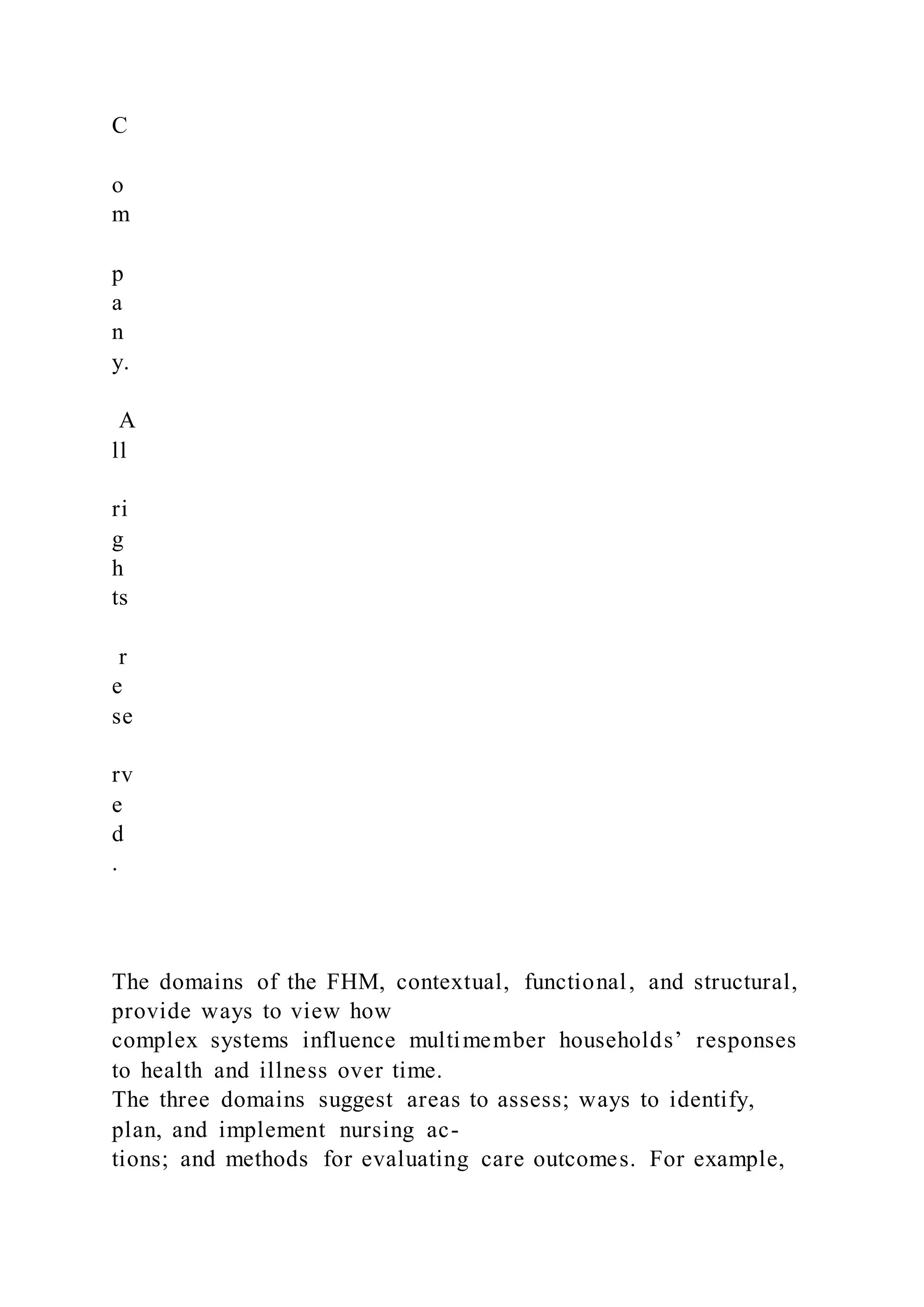 C
o
m
p
a
n
y.
A
ll
ri
g
h
ts
r
e
se
rv
e
d
.
The domains of the FHM, contextual, functional, and structural,
provide ways to view how
complex systems influence multimember households’ responses
to health and illness over time.
The three domains suggest areas to assess; ways to identify,
plan, and implement nursing ac-
tions; and methods for evaluating care outcomes. For example,
 