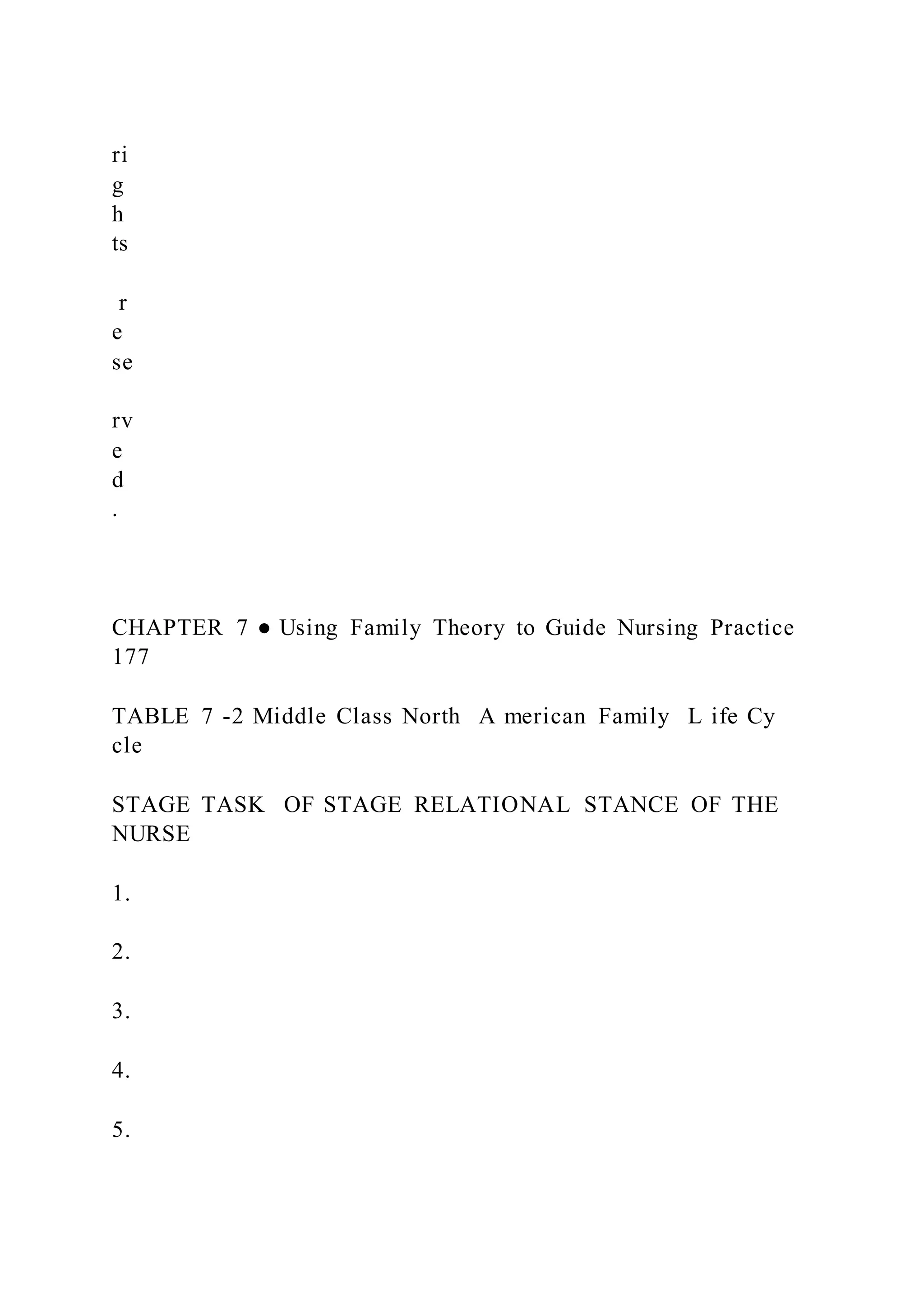 ri
g
h
ts
r
e
se
rv
e
d
.
CHAPTER 7 ● Using Family Theory to Guide Nursing Practice
177
TABLE 7 -2 Middle Class North A merican Family L ife Cy
cle
STAGE TASK OF STAGE RELATIONAL STANCE OF THE
NURSE
1.
2.
3.
4.
5.
 