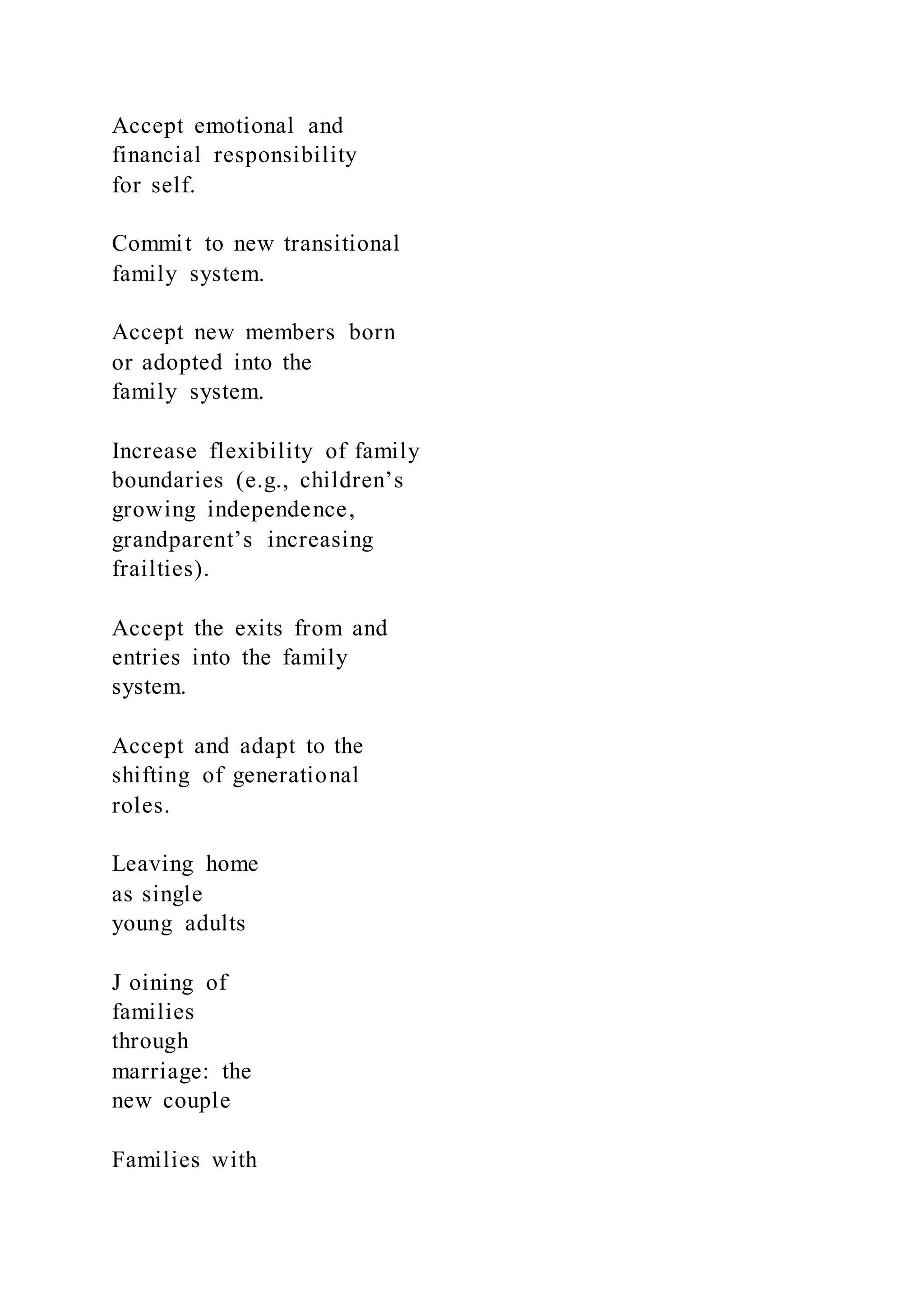 Accept emotional and
financial responsibility
for self.
Commit to new transitional
family system.
Accept new members born
or adopted into the
family system.
Increase flexibility of family
boundaries (e.g., children’s
growing independence,
grandparent’s increasing
frailties).
Accept the exits from and
entries into the family
system.
Accept and adapt to the
shifting of generational
roles.
Leaving home
as single
young adults
J oining of
families
through
marriage: the
new couple
Families with
 