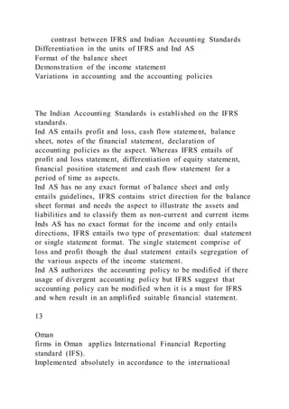 contrast between IFRS and Indian Accounting Standards
Differentiation in the units of IFRS and Ind AS
Format of the balance sheet
Demonstration of the income statement
Variations in accounting and the accounting policies
The Indian Accounting Standards is established on the IFRS
standards.
Ind AS entails profit and loss, cash flow statement, balance
sheet, notes of the financial statement, declaration of
accounting policies as the aspect. Whereas IFRS entails of
profit and loss statement, differentiation of equity statement,
financial position statement and cash flow statement for a
period of time as aspects.
Ind AS has no any exact format of balance sheet and only
entails guidelines, IFRS contains strict direction for the balance
sheet format and needs the aspect to illustrate the assets and
liabilities and to classify them as non-current and current items
Inds AS has no exact format for the income and only entails
directions, IFRS entails two type of presentation: dual statement
or single statement format. The single statement comprise of
loss and profit though the dual statement entails segregation of
the various aspects of the income statement.
Ind AS authorizes the accounting policy to be modified if there
usage of divergent accounting policy but IFRS suggest that
accounting policy can be modified when it is a must for IFRS
and when result in an amplified suitable financial statement.
13
Oman
firms in Oman applies International Financial Reporting
standard (IFS).
Implemented absolutely in accordance to the international
 