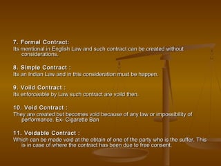 7. Formal Contract:7. Formal Contract:
Its mentional in English Law and such contract can be created withoutIts mentional in English Law and such contract can be created without
considerations.considerations.
8. Simple Contract :8. Simple Contract :
Its an Indian Law and in this consideration must be happen.Its an Indian Law and in this consideration must be happen.
9. Voild Contract :9. Voild Contract :
Its enforceable by Law such contract are voild then.Its enforceable by Law such contract are voild then.
10. Void Contract :10. Void Contract :
They are created but becomes void because of any law or impossibility ofThey are created but becomes void because of any law or impossibility of
performance. Ex- Cigarette Banperformance. Ex- Cigarette Ban
11. Voidable Contract :11. Voidable Contract :
Which can be made void at the obtain of one of the party who is the suffer. ThisWhich can be made void at the obtain of one of the party who is the suffer. This
is in case of where the contract has been due to free consent.is in case of where the contract has been due to free consent.
 