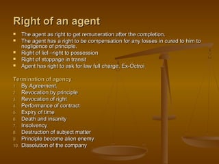 Right of an agentRight of an agent
 The agent as right to get remuneration after the completion.The agent as right to get remuneration after the completion.
 The agent has a right to be compensation for any losses in cured to him toThe agent has a right to be compensation for any losses in cured to him to
negligence of principle.negligence of principle.
 Right of liel –right to possessionRight of liel –right to possession
 Right of stoppage in transitRight of stoppage in transit
 Agent has right to ask for law full charge. Ex-OctroiAgent has right to ask for law full charge. Ex-Octroi
Termination of agencyTermination of agency
1.1. By Agreement.By Agreement.
2.2. Revocation by principleRevocation by principle
3.3. Revocation of rightRevocation of right
4.4. Performance of contractPerformance of contract
5.5. Expiry of timeExpiry of time
6.6. Death and insanityDeath and insanity
7.7. InsolvencyInsolvency
8.8. Destruction of subject matterDestruction of subject matter
9.9. Principle become alien enemyPrinciple become alien enemy
10.10. Dissolution of the companyDissolution of the company
 