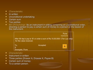  Characteristic:Characteristic:
 In writtenIn written
 Unconditional undertakingUnconditional undertaking
 Certain sumCertain sum
 Two partiesTwo parties
 Bill Of Exchange:Bill Of Exchange: Its an instrument in witting containing an unconditional order,Its an instrument in witting containing an unconditional order,
directing a person to pay a certain sum of money to a person or the bearer ofdirecting a person to pay a certain sum of money to a person or the bearer of
the instrument.the instrument.
 Characteristic:Characteristic:
 Instrument in writtenInstrument in written
 Three parties (Drawer A, Drawee X, Payee B)Three parties (Drawer A, Drawee X, Payee B)
 Certain sum of money.Certain sum of money.
 To a certain person.To a certain person.
Pune
11/11/11
After 90 day’s pay to ‘B’ or order a sum of Rs.10,00,000/- (Ten Lac only)
for the value received.
To, Accepted
X
Swargate, Pune
A
 