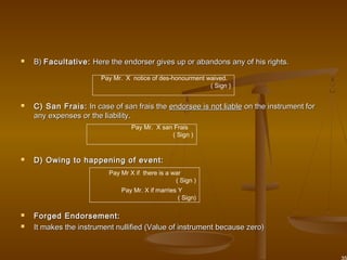  B)B) Facultative:Facultative: Here the endorser gives up or abandons any of his rights.Here the endorser gives up or abandons any of his rights.
 C) San Frais:C) San Frais: In case of san frais theIn case of san frais the endorsee is not liableendorsee is not liable on the instrument foron the instrument for
any expenses or the liability.any expenses or the liability.
 D) Owing to happening of event:D) Owing to happening of event:
 Forged Endorsement:Forged Endorsement:
 It makes the instrument nullified (Value of instrument because zero)It makes the instrument nullified (Value of instrument because zero)
Pay Mr X if there is a war
( Sign )
Pay Mr. X if marries Y
( Sign)
Pay Mr. X notice of des-honourment waived.
( Sign )
Pay Mr. X san Frais
( Sign )
 