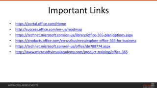 WWW.COLLAB365.EVENTS
Important Links
• https://portal.office.com/Home
• http://success.office.com/en-us/roadmap
• https://technet.microsoft.com/en-us/library/office-365-plan-options.aspx
• https://products.office.com/en-us/business/explore-office-365-for-business
• https://technet.microsoft.com/en-us/office/dn788774.aspx
• http://www.microsoftvirtualacademy.com/product-training/office-365
 