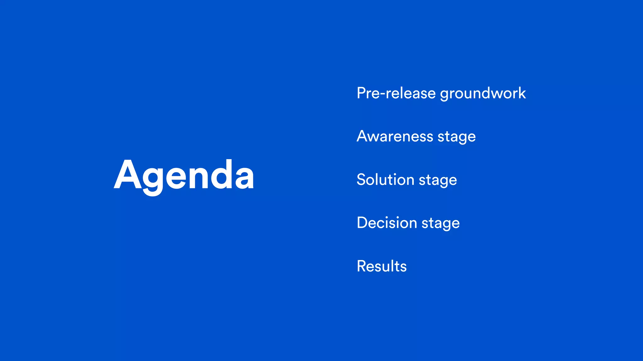 Agenda
Pre-release groundwork
Awareness stage
Solution stage
Decision stage
Results
 