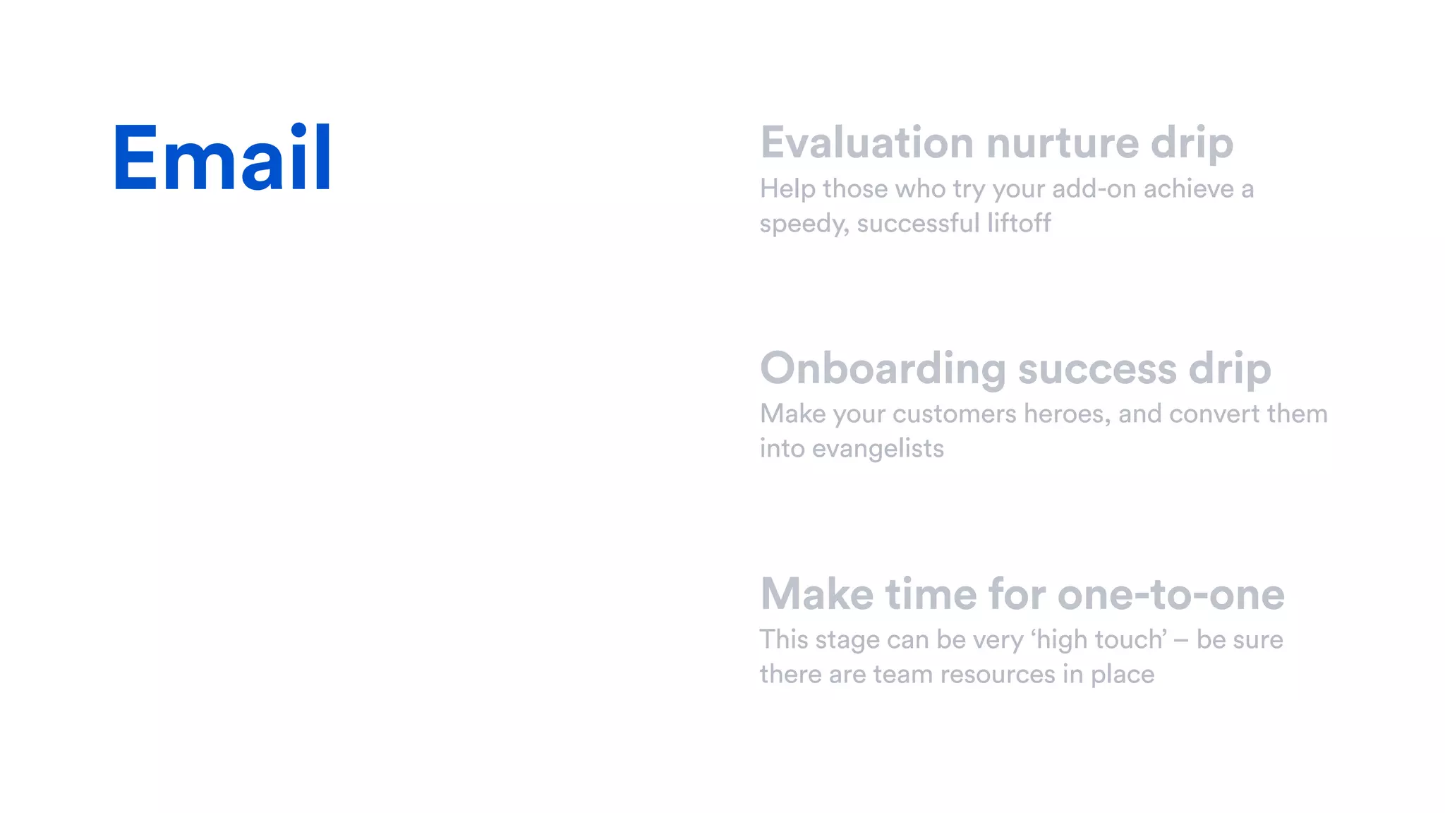 Evaluation nurture drip
Help those who try your add-on achieve a
speedy, successful liftoff
Onboarding success drip
Make your customers heroes, and convert them
into evangelists
Make time for one-to-one
This stage can be very ‘high touch’ – be sure
there are team resources in place
Email
 