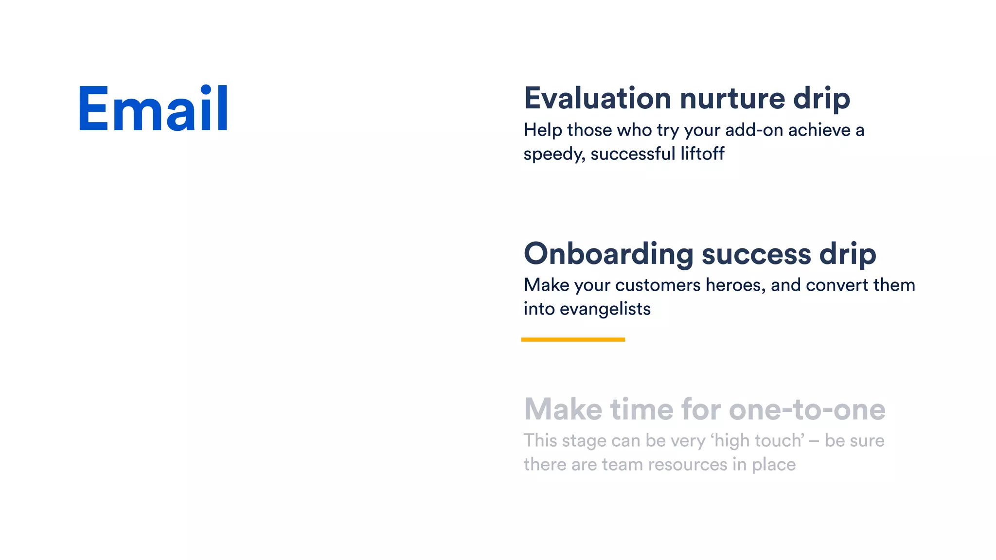 Evaluation nurture drip
Help those who try your add-on achieve a
speedy, successful liftoff
Onboarding success drip
Make your customers heroes, and convert them
into evangelists
Make time for one-to-one
This stage can be very ‘high touch’ – be sure
there are team resources in place
Email
 