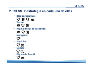2. RR.SS. Y estrategia en cada una de ellas.
• Blog corporativo.
• Twitter
• Página oficial de Facebook.
• Instagram.
• YouTube.
• Google+
• Página de Tuenti.

 