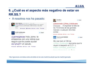 6. ¿Cuál es el aspecto más negativo de estar en
RR.SS.?
• A nosotros nos ha pasado:

http://gananzia.com/alsa-cobra-el-doble-en-la-ruta-madrid-euskadi-que-la-madrid-granada

 