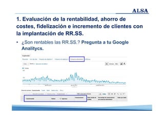 1. Evaluación de la rentabilidad, ahorro de
costes, fidelización e incremento de clientes con
la implantación de RR.SS.
• ¿Son rentables las RR.SS.? Pregunta a tu Google
Analitycs.

 