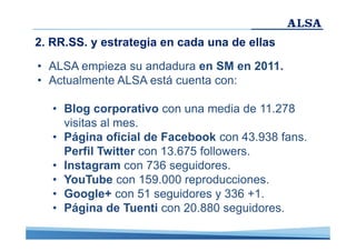 2. RR.SS. y estrategia en cada una de ellas
• ALSA empieza su andadura en SM en 2011.
• Actualmente ALSA está cuenta con:
• Blog corporativo con una media de 11.278
visitas al mes.
• Página oficial de Facebook con 43.938 fans.
Perfil Twitter con 13.675 followers.
• Instagram con 736 seguidores.
• YouTube con 159.000 reproducciones.
• Google+ con 51 seguidores y 336 +1.
• Página de Tuenti con 20.880 seguidores.

 