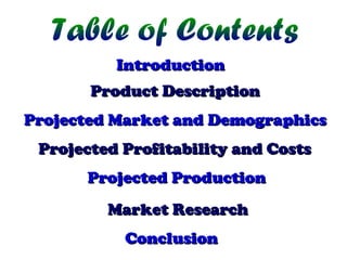Introduction
Product Description
Projected Market and Demographics
Projected Profitability and Costs
Projected Production
Market Research
Conclusion

 