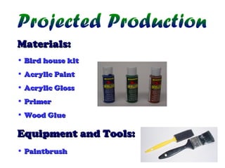 Materials:
• Bird house kit
• Acrylic Paint
• Acrylic Gloss
• Primer
• Wood Glue

Equipment and Tools:
• Paintbrush

 