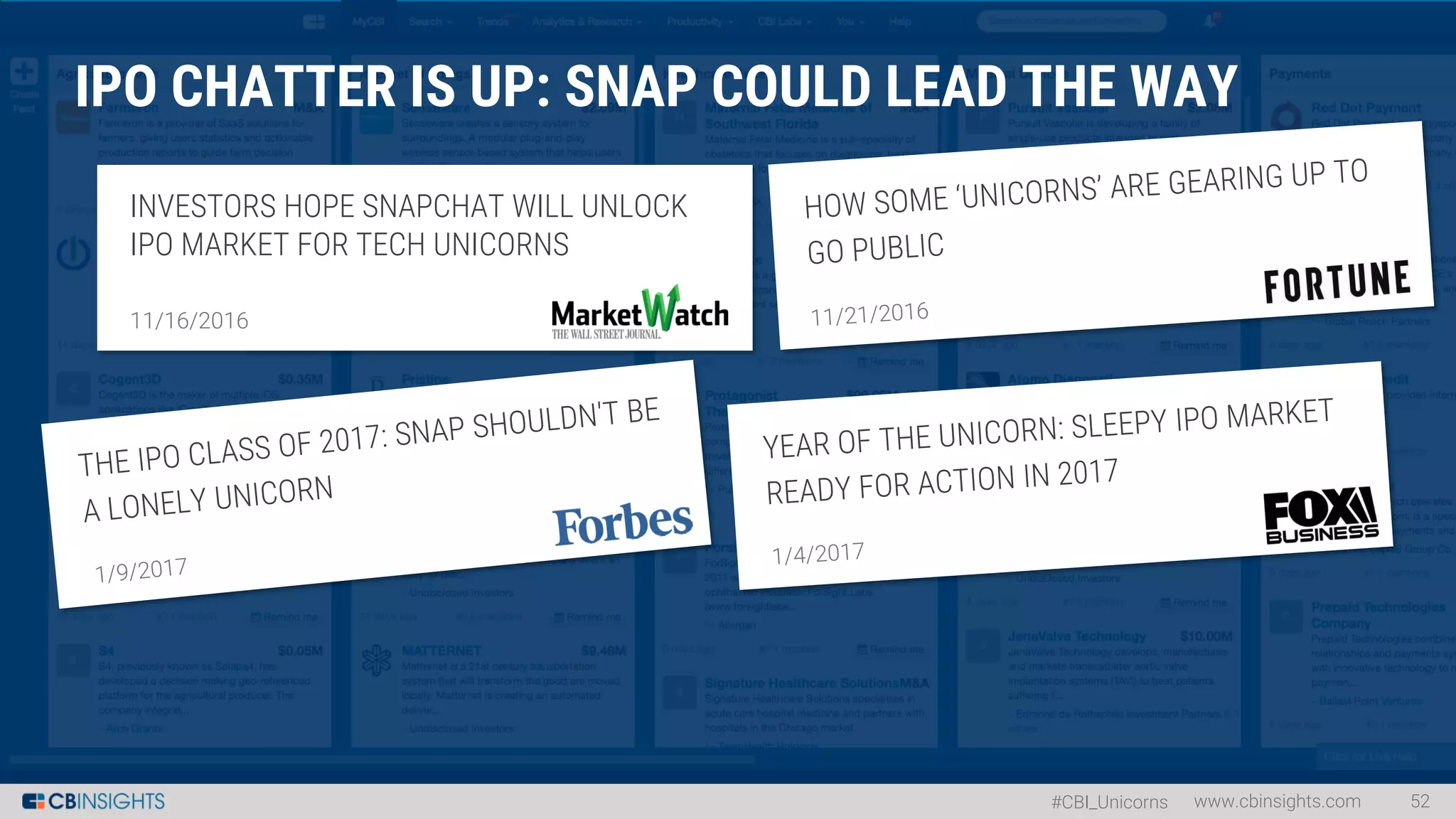 #CBI_Unicorns
INVESTORS HOPE SNAPCHAT WILL UNLOCK
IPO MARKET FOR TECH UNICORNS
11/16/2016
IPO CHATTER IS UP: SNAP COULD LEAD THE WAY
www.cbinsights.com 52
 