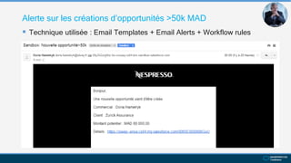 Alerte sur les créations d’opportunités >50k MAD
 Technique utilisée : Email Templates + Email Alerts + Workflow rules
 