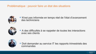Problématique : pouvoir faire un état des situations
 N’est pas informée en temps réel de l’état d’avancement
des techniciens
 A des difficultés à se rappeler de toutes les interactions
avec ses clients
 Doit demander au service IT les rapports trimestriels des
commandes
 