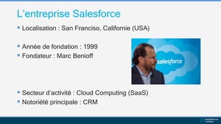 L’entreprise Salesforce
 Localisation : San Franciso, Californie (USA)
 Année de fondation : 1999
 Fondateur : Marc Benioff
 Secteur d’activité : Cloud Computing (SaaS)
 Notoriété principale : CRM
 