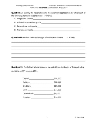 Ministry of Education Puntland National Examinations Board
Form Four Business Examination, May 2014
11 © PNEB2014
Question 13: Identify the national income measurement approach under which each of
the following item will be considered (4marks)
A. Wages and salaries______________________________________________
B. Value of intermediate goods ______________________________________
C. Expenditure on imports __________________________________________
D. Transfer payments ______________________________________________
Question14: Outline three advantages of international trade (3 marks)
________________________________________________________________________
________________________________________________________________________
________________________________________________________________________
________________________________________________________________________
________________________________________________________________________
________________________________________________________________________
Question 15: The following balances were extracted from the books of Bosaso trading
company on 31st
January, 2014.
Capital ________________________ $59,000
Debtors _______________________ $12,000
Creditors ______________________ $14,000
Stock _________________________ $ 31,000
Cash in hand ___________________ $ 6,000
Premises ______________________ $ 24,000
 