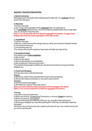 6
Appendix1:CharityDriveReportOutline
a. ExecutiveSummary
Whileappearingfirst, this sectionof the marketingreportis written last. It is a summary ofthe key
pointsof the entirereport.
b. Objectives
Thissectiondiscusses:
a) Your chosencharityorganizationandthe reason(s)thatyou are supportingit; &
b) Thequantifiable objectivesthatyou want to accomplish(e.g.targetdonationamount,target sales
units, etc.) duringthe charitydrive event.
(Note:a 1 to 2-minutevideo with YouTubelinkis requiredforthissection.You mayinclude
footageofthevisitto thecharityorganization in thisvideo aswell.)
c. TargetMarket
Thissection discusses:
a) Who your customersareandtheir backgrounds(e.g.cultural,socio-economic,interests& hobbies);
b) Theirwantsandneeds;and
c)Theirspendingpower,etc.
(Themoreyou knowaboutthe peopleyou hopeto serve, the better your sales will be.)
d. Competition Analysis
A full analysis of your 2 main competitors:
a) Who are they?
b) What are they selling?
c)What are theirstrengths and vulnerabilities?
d) Why would/dotheir customersbuyfrom them?
(Theanswersto thesequestionswill affect your decisionssuchasproducts,pricing,promotional
strategies, etc.)
e. Productand Packaging
A full discussionofyour productsandservices:
Products
a) What are you selling?Givea short descriptionforeachproductandservices.
b) What are their features andbenefits (i.e. why wouldcustomerslikeit)?
Packaging
a) Howare the productspackaged?
b) Will it attract the customers?Whydo you say so?
(Note:you mustincludethephotosofproductsand theirpackaging in thereport.)
(Note2: a 2 to 3-minutevideo with YouTubelinkis requiredforthissection.)
f. Pricing
A discussiononyour pricingdecisions:
a) What is your products’unitsellingprice?(It shouldbe, on minimum,2times the costprice.)
b) What is your products’unitcost price?
c)Are your productspopularorattractive? (If they are, you canjustify a highersellingprice.)
d) What are your strategiesif you have difficultysellingthem?What if you aresellingthem faster than
anticipated?
(Remember,ifyou set the pricestoohigh, customerswillnotbuyfrom you. If you set them too low, then
you willnot maximizeprofit.)
 