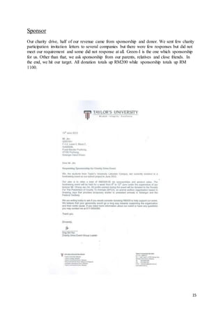 15
Sponsor
Our charity drive, half of our revenue came from sponsorship and donor. We sent few charity
participation invitation letters to several companies but there were few responses but did not
meet our requirement and some did not response at all. Green-I is the one which sponsorship
for us. Other than that, we ask sponsorship from our parents, relatives and close friends. In
the end, we hit our target. All donation totals up RM200 while sponsorship totals up RM
1100.
 