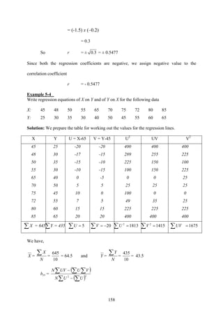 158
= (-1.5) x (–0.2)
= 0.3
So r = ± 3.0 = ± 0.5477
Since both the regression coefficients are negative, we assign negative value to the
correlation coefficient
r = - 0.5477
Example 5-4
Write regression equations of X on Y and of Y on X for the following data
X: 45 48 50 55 65 70 75 72 80 85
Y: 25 30 35 30 40 50 45 55 60 65
Solution: We prepare the table for working out the values for the regression lines.
X Y U = X-65 V = Y-45 U2
UV V2
45 25 -20 -20 400 400 400
48 30 -17 -15 289 255 225
50 35 -15 -10 225 150 100
55 30 -10 -15 100 150 225
65 40 0 -5 0 0 25
70 50 5 5 25 25 25
75 45 10 0 100 0 0
72 55 7 5 49 35 25
80 60 15 15 225 225 225
85 65 20 20 400 400 400
∑X = 645∑Y = 435 ∑ = 5U ∑ −= 20V ∑ =18132
U ∑ = 14152
V ∑ =1675UV
We have,
X =
N
X∑ =
10
645
= 64.5 and Y =
N
Y∑ =
10
435
= 43.5
byx =
( )
( )∑ ∑
∑ ∑ ∑
−
−
22
UUN
VUUVN
 