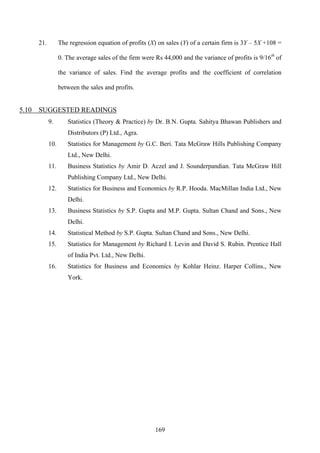 169
21. The regression equation of profits (X) on sales (Y) of a certain firm is 3Y – 5X +108 =
0. The average sales of the firm were Rs 44,000 and the variance of profits is 9/16th
of
the variance of sales. Find the average profits and the coefficient of correlation
between the sales and profits.
5.10 SUGGESTED READINGS
9. Statistics (Theory & Practice) by Dr. B.N. Gupta. Sahitya Bhawan Publishers and
Distributors (P) Ltd., Agra.
10. Statistics for Management by G.C. Beri. Tata McGraw Hills Publishing Company
Ltd., New Delhi.
11. Business Statistics by Amir D. Aczel and J. Sounderpandian. Tata McGraw Hill
Publishing Company Ltd., New Delhi.
12. Statistics for Business and Economics by R.P. Hooda. MacMillan India Ltd., New
Delhi.
13. Business Statistics by S.P. Gupta and M.P. Gupta. Sultan Chand and Sons., New
Delhi.
14. Statistical Method by S.P. Gupta. Sultan Chand and Sons., New Delhi.
15. Statistics for Management by Richard I. Levin and David S. Rubin. Prentice Hall
of India Pvt. Ltd., New Delhi.
16. Statistics for Business and Economics by Kohlar Heinz. Harper Collins., New
York.
 