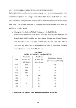 206
6.8.2 SPLICING TWO OVERLAPPING INDEX NUMBER SERIES
Splicing two index number series means reducing two overlapping index series with
different base periods into a single series either at the base period of the old series
(one with an old base year), or at the base period of the new series (one with a recent
base year). This actually amounts to changing the weights of one series into the
weights of the other series.
1. Splicing the New Series to Make it Continuous with the Old Series
Here we reduce the new series into the old series after the base year of the former. As
shown in Table 6.8.2(i), splicing here takes place at the base year (1980) of the new
series. To do this, a ratio of the index for 1980 in the old series (200) to the index of
1980 in the new series (100) is computed and the index for each of the following
years in the new series is multiplied by this ratio.
Table 6.8.2(i)
Splicing the New Series with the Old Series
Year
Price Index
(1976 = 100)
(Old Series)
Price Index
(1980 = 100)
(New Series)
Spliced Index Number
[New Series x (200/100)]
1976
1977
1978
1979
1980
1981
1982
1983
1984
100
120
146
172
200
--
--
--
--
--
--
--
--
100
110
116
125
140
100
120
146
172
200
220
232
250
280
2. Splicing the Old Series to Make it Continuous with the New Series
 