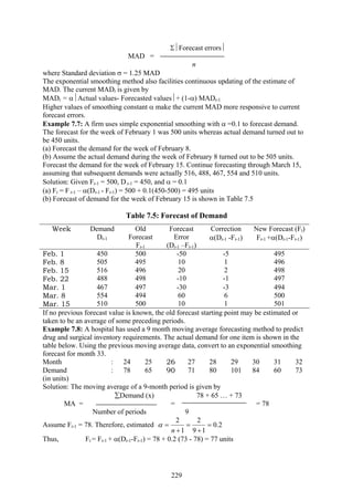 229
Σ⏐Forecast errors⏐
MAD =
n
where Standard deviation σ = 1.25 MAD
The exponential smoothing method also facilities continuous updating of the estimate of
MAD. The current MADt is given by
MADt = α⏐Actual values- Forecasted values⏐+ (1-α) MADt-1
Higher values of smoothing constant α make the current MAD more responsive to current
forecast errors.
Example 7.7: A firm uses simple exponential smoothing with α =0.1 to forecast demand.
The forecast for the week of February 1 was 500 units whereas actual demand turned out to
be 450 units.
(a) Forecast the demand for the week of February 8.
(b) Assume the actual demand during the week of February 8 turned out to be 505 units.
Forecast the demand for the week of February 15. Continue forecasting through March 15,
assuming that subsequent demands were actually 516, 488, 467, 554 and 510 units.
Solution: Given Ft-1 = 500, D t-1 = 450, and α = 0.1
(a) Ft = F t-1 – α(Dt-1 - Ft-1) = 500 + 0.1(450-500) = 495 units
(b) Forecast of demand for the week of February 15 is shown in Table 7.5
Table 7.5: Forecast of Demand
Week Demand
Dt-1
Old
Forecast
Ft-1
Forecast
Error
(Dt-1 –Ft-1)
Correction
α(Dt-1 -Ft-1)
New Forecast (Ft)
Ft-1 +α(Dt-1-Ft-1)
Feb. 1
Feb. 8
Feb. 15
Feb. 22
450
505
516
488
500
495
496
498
-50
10
20
-10
-5
1
2
-1
495
496
498
497
Mar. 1
Mar. 8
Mar. 15
467
554
510
497
494
500
-30
60
10
-3
6
1
494
500
501
If no previous forecast value is known, the old forecast starting point may be estimated or
taken to be an average of some preceding periods.
Example 7.8: A hospital has used a 9 month moving average forecasting method to predict
drug and surgical inventory requirements. The actual demand for one item is shown in the
table below. Using the previous moving average data, convert to an exponential smoothing
forecast for month 33.
Month : 24 25 26 27 28 29 30 31 32
Demand
(in units)
: 78 65 90 71 80 101 84 60 73
Solution: The moving average of a 9-month period is given by
∑Demand (x) 78 + 65 … + 73
MA = = = 78
Number of periods 9
Assume Ft-1 = 78. Therefore, estimated 2.0
19
2
1
2
=
+
=
+
=
n
α
Thus, Ft = Ft-1 + α(Dt-1-Ft-1) = 78 + 0.2 (73 - 78) = 77 units
 