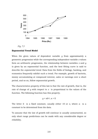 235
0
100
200
300
400
500
600
1994 1995 1996 1997 1998 1999
Price (Rs.)
Years
Fig. 7.5
Exponential Trend Model
When the given values of dependent variable y from approximately a
geometric progression while the corresponding independent variable x values
form an arithmetic progression, the relationship between variables x and y
is given by an exponential function, and the best fitting curve is said to
describe the exponential trend. Data from the fields of biology, banking, and
economics frequently exhibit such a trend. For example, growth of bacteria,
money accumulating at compound interest, sales or earnings over a short
period, and so on, follow exponential growth.
The characteristics property of this law is that the rate of growth, that is, the
rate of change of y with respect to x is proportional to the values of the
function. The following function has this property.
y = abcx, a > 0
The letter b is a fixed constant, usually either 10 or e, where a is a
constant to be determined from the data.
To assume that the law of growth will continue is usually unwarranted, so
only short range predictions can be made with any considerable degree or
reliability.
 