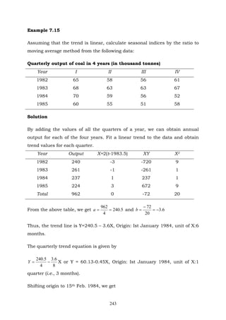 243
Example 7.15
Assuming that the trend is linear, calculate seasonal indices by the ratio to
moving average method from the following data:
Quarterly output of coal in 4 years (in thousand tonnes)
Year I II III IV
1982 65 58 56 61
1983 68 63 63 67
1984 70 59 56 52
1985 60 55 51 58
Solution
By adding the values of all the quarters of a year, we can obtain annual
output for each of the four years. Fit a linear trend to the data and obtain
trend values for each quarter.
Year Output X=2(t-1983.5) XY X2
1982 240 -3 -720 9
1983 261 -1 -261 1
1984 237 1 237 1
1985 224 3 672 9
Total 962 0 -72 20
From the above table, we get 5.240
4
962
==a and 6.3
20
72
−=
−
=b
Thus, the trend line is Y=240.5 – 3.6X, Origin: Ist January 1984, unit of X:6
months.
The quarterly trend equation is given by
8
6.3
4
5.240
−=Y X or Y = 60.13-0.45X, Origin: Ist January 1984, unit of X:1
quarter (i.e., 3 months).
Shifting origin to 15th Feb. 1984, we get
 