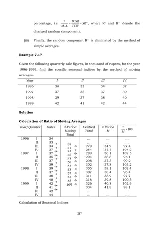247
percentage, i.e. ''
'..
SR
TCR
TCSR
AM
Y
== , where R´ and R´´ denote the
changed random components.
(iii) Finally, the random component R´´ is eliminated by the method of
simple averages.
Example 7.17
Given the following quarterly sale figures, in thousand of rupees, for the year
1996-1999, find the specific seasonal indices by the method of moving
averages.
Year I II III IV
1996 34 33 34 37
1997 37 35 37 39
1998 39 37 38 40
1999 42 41 42 44
Solution
Calculation of Ratio of Moving Averages
Year/Quarter Sales 4-Period
Moving
Total
Centred
Total
4 Period
M
100×
M
Y
1996 I 34 … … …
II 33 … … …
III 34 279 34.9 97.4
IV 37 284 35.5 104.2
1997 I 37 289 36.1 102.5
II 35 294 36.8 95.1
III 37 298 37.3 99.2
IV 39 302 37.8 103.2
1998 I 39 305 38.1 102.4
II 37 307 38.4 96.4
III 38 311 38.9 97.7
IV 40 318 39.8 100.5
1999 I 42 326 40.8 102.9
II 41 334 41.8 98.1
III 42 … … …
IV 44 … … …
Calculation of Seasonal Indices
138
141
143
146
148
150
152
153
157
161
165
169
 