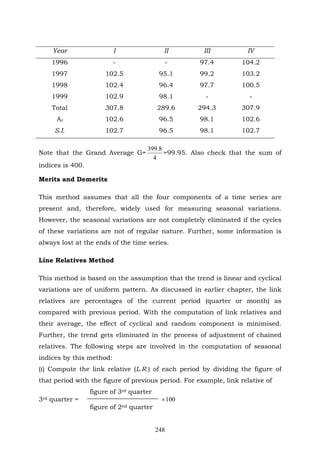 248
Year I II III IV
1996 - - 97.4 104.2
1997 102.5 95.1 99.2 103.2
1998 102.4 96.4 97.7 100.5
1999 102.9 98.1 - -
Total 307.8 289.6 294.3 307.9
At 102.6 96.5 98.1 102.6
S.I. 102.7 96.5 98.1 102.7
Note that the Grand Average G=
4
8.399
=99.95. Also check that the sum of
indices is 400.
Merits and Demerits
This method assumes that all the four components of a time series are
present and, therefore, widely used for measuring seasonal variations.
However, the seasonal variations are not completely eliminated if the cycles
of these variations are not of regular nature. Further, some information is
always lost at the ends of the time series.
Line Relatives Method
This method is based on the assumption that the trend is linear and cyclical
variations are of uniform pattern. As discussed in earlier chapter, the link
relatives are percentages of the current period (quarter or month) as
compared with previous period. With the computation of link relatives and
their average, the effect of cyclical and random component is minimised.
Further, the trend gets eliminated in the process of adjustment of chained
relatives. The following steps are involved in the computation of seasonal
indices by this method:
(i) Compute the link relative (L.R.) of each period by dividing the figure of
that period with the figure of previous period. For example, link relative of
figure of 3rd quarter
3rd quarter = 100×
figure of 2nd quarter
 