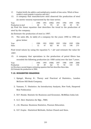 255
12. Explain briefly the additive and multiplicative models of time series. Which of these
models is more popular in practice and why?
13. A company that manufactures steel observed the production of steel
(in metric tonnes) represented by the time-series:
Year : 1990 1991 1992 1993 1994 1995 1996
Production in steel : 60 72 75 65 80 85 95
(a) Find the linear equation that describes the trend in the production of
steel by the company.
(b) Estimate the production of steel in 1997.
14. The sales (Rs. In lakh) of a company for the years 1990 to 1996 are
given below:
Year : 1990 1991 1992 1993 1994 1995 1996
Sales : 32 47 65 88 132 190 275
Find trend values by using the equation Yc = abx and estimate the value for
1997.
15. A company that specializes in the production of petrol filters has
recorded the following production (in 1000 units) over the last 7 years.
Year : 1994 1995 1996 1997 1998 1999 2000
Production : 42 49 62 75 92 122 158
(a) Develop a second degree estimating equation that best describes these data.
(b) Estimate the production in 2004.
7.10. SUGGESTED READINGS
1. Spiegel, Murray R.: Theory and Practical of Statistics., London
McGraw Hill Book Company.
2. Yamane, T.: Statistics: An Introductory Analysis, New York, Harpered
Row Publication
3. R.P. Hooda: Statistic for Business and Economic, McMillan India Ltd.
4. G.C. Beri: Statistics for Mgt., TMH.
5. J.K. Sharma: Business Statistics, Pearson Education.
6. S.P. Gupta : Statistical Methods, Sultan Chand and Sons.
 