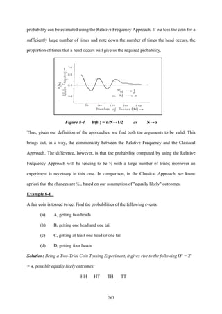 263
probability can be estimated using the Relative Frequency Approach. If we toss the coin for a
sufficiently large number of times and note down the number of times the head occurs, the
proportion of times that a head occurs will give us the required probability.
Figure 8-1 P(H) = n/N→1/2 as N→α
Thus, given our definition of the approaches, we find both the arguments to be valid. This
brings out, in a way, the commonality between the Relative Frequency and the Classical
Approach. The difference, however, is that the probability computed by using the Relative
Frequency Approach will be tending to be ½ with a large number of trials; moreover an
experiment is necessary in this case. In comparison, in the Classical Approach, we know
apriori that the chances are ½ , based on our assumption of "equally likely" outcomes.
Example 8-1
A fair coin is tossed twice. Find the probabilities of the following events:
(a) A, getting two heads
(b) B, getting one head and one tail
(c) C, getting at least one head or one tail
(d) D, getting four heads
Solution: Being a Two-Trial Coin Tossing Experiment, it gives rise to the following On
= 2n
= 4, possible equally likely outcomes:
HH HT TH TT
 