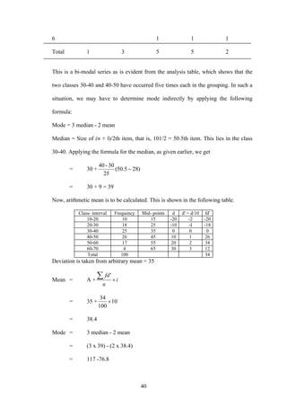 40
6 1 1 1
Total 1 3 5 5 2
This is a bi-modal series as is evident from the analysis table, which shows that the
two classes 30-40 and 40-50 have occurred five times each in the grouping. In such a
situation, we may have to determine mode indirectly by applying the following
formula:
Mode = 3 median - 2 mean
Median = Size of (n + l)/2th item, that is, 101/2 = 50.5th item. This lies in the class
30-40. Applying the formula for the median, as given earlier, we get
= 30 + )285.50(
25
30-40
−
= 30 + 9 = 39
Now, arithmetic mean is to be calculated. This is shown in the following table.
Class- interval Frequency Mid- points d d' = d/10 fd'
10-20 10 15 -20 -2 -20
20-30 18 25 -10 -I -18
30-40 25 35 0 0 0
40-50 26 45 10 1 26
50-60 17 55 20 2 34
60-70 4 65 30 3 12
Total 100 34
Deviation is taken from arbitrary mean = 35
Mean = A + i
n
fd
×
∑ '
= 35 + 10
100
34
×
= 38.4
Mode = 3 median - 2 mean
= (3 x 39) - (2 x 38.4)
= 117 -76.8
 