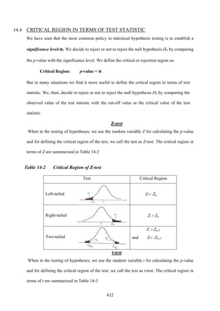 432
14.4 CRITICAL REGION IN TERMS OF TEST STATISTIC
We have seen that the most common policy in statistical hypothesis testing is to establish a
significance level-α. We decide to reject or not to reject the null hypothesis H0 by comparing
the p-value with the significance level. We define the critical or rejection region as:
Critical Region: p-value < α
But in many situations we find it more useful to define the critical region in terms of test
statistic. We, then, decide to reject or not to reject the null hypothesis H0 by comparing the
observed value of the test statistic with the cut-off value or the critical value of the test
statistic.
Z-test
When in the testing of hypotheses, we use the random variable Z for calculating the p-value
and for defining the critical region of the test; we call the test as Z-test. The critical region in
terms of Z are summarized in Table 14-2
Table 14-2 Critical Region of Z-test
Test Critical Region
Left-tailed Z< -Zα
Right-tailed Z > Zα
Two-tailed
Z > Zα/2
and Z< -Zα/2
t-test
When in the testing of hypotheses, we use the random variable t for calculating the p-value
and for defining the critical region of the test; we call the test as t-test. The critical region in
terms of t are summarized in Table 14-3
 