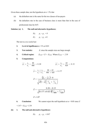 456
Given these sample data, test the hypothesis at α = 5% that
(a) the defaulters rate is the same for the two classes of tax-payers
(b) the defaulters rate in the case of business class is more than that in the case of
professional class by 0.07.
Solution: (a) 1. The null and alternative hypotheses:
H0: 21 pp − = 0
H1: 21 pp − ≠ 0
The test is a two-tailed test
2. Level of significance:α =1% or 0.01
3. Test statistic: Z; since the sample sizes are large enough.
4. Critical region: Z0.005 < Z < -Z0.005 Where Z0.005 = 2.58
5. Computations:
20.0
400
80
1
1
1 ===
n
x
p 15.0
420
65
2
2
2 ===
n
x
p
177.0
420400
6580
21
21
=
+
+
=
+
+
=
nn
xx
p
( )
( ) ⎟
⎠
⎞
⎜
⎝
⎛ +−
−−
=
21
21
111
0
nn
pp
pp
Z
( )( )420
1
400
1823.0177.0
15.020.0
+
−
=
x
Z
87.1=Z
6. Conclusion: We cannot reject the null hypothesis at α = 0.05 since Z
=1.87 < Z0.005 =2.58
(b) 1. The null and alternative hypotheses:
H0: 21 pp − = 0.07
 