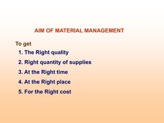 AIM OF MATERIAL MANAGEMENT
To get
1. The Right quality
2. Right quantity of supplies
3. At the Right time
4. At the Right place
5. For the Right cost
 