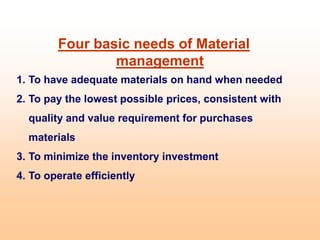 Four basic needs of Material
management
1. To have adequate materials on hand when needed
2. To pay the lowest possible prices, consistent with
quality and value requirement for purchases
materials
3. To minimize the inventory investment
4. To operate efficiently
 